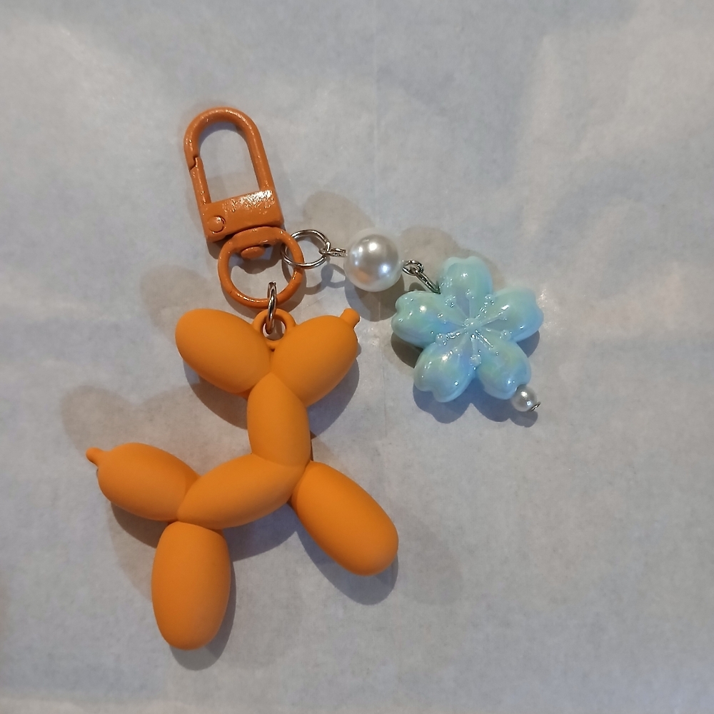 Orange Balloon Dog Keychain/ Bagcharm with Blue Flower